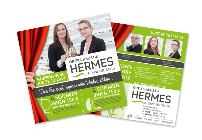 Optik und Akustik Hermes Eröffnungsflyer Gestaltung